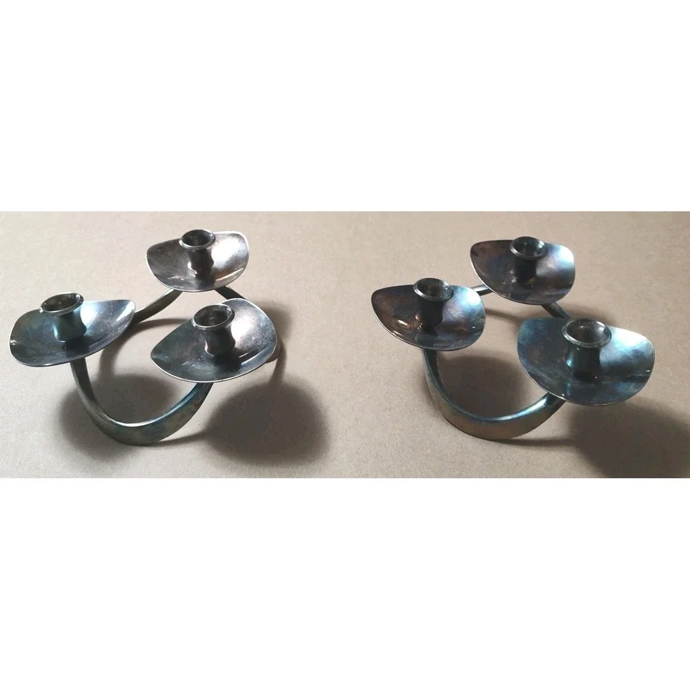 Pair Vintage Lunt M61 Danish Modern Silverplated Candleholders for Tapers 6...